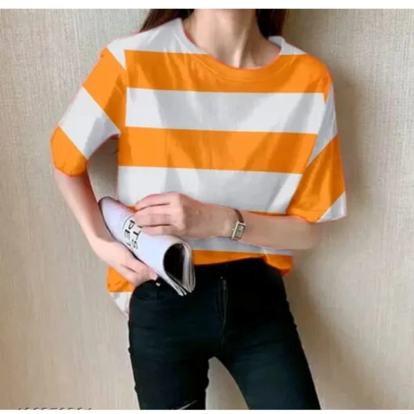 Generic Women's Lycra Striped Round Neck Short Sleeve T-Shirt (White-Orange)