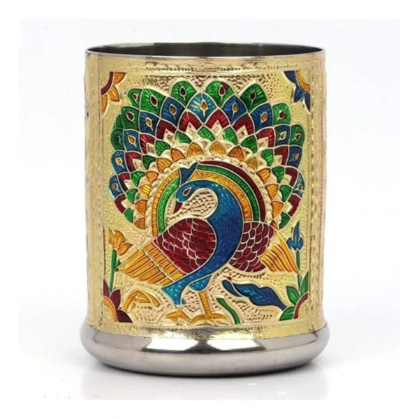 Gold Steel Meenakari Peacock Glass Set