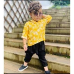 Generic Kid's Lycra Printed Casual wear Shirt And Shorts Set (Yellow) - Image 3