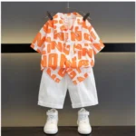 Generic Kid's Lycra Printed Casual wear Shirt And Shorts Set (Orange)