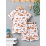 Generic Boy's Twill Cotton Printed Short Sleeve Shirt And Shorts Set (Brown) - Image 5