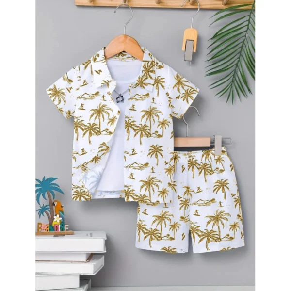 Generic Boy's Twill Cotton Printed Short Sleeve Shirt And Shorts Set (Gold)