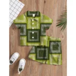 Generic Boy's Twill Cotton Printed Short Sleeve Shirt And Shorts Set (Green)