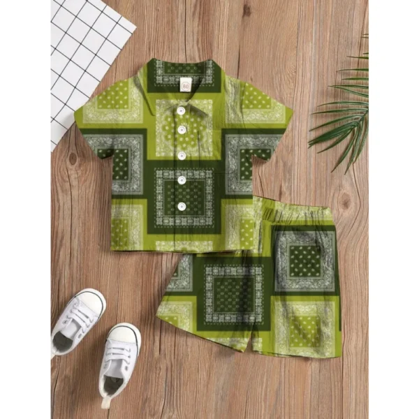 Generic Boy's Twill Cotton Printed Short Sleeve Shirt And Shorts Set (Green)