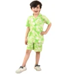 Generic Boy's Twill Cotton Printed Short Sleeve Shirt And Shorts Set (Bottle Green)