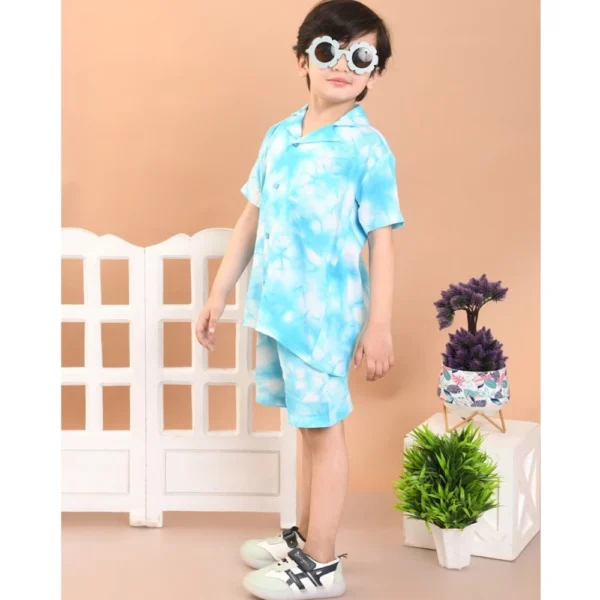 Generic Boy's Twill Cotton Printed Short Sleeve Shirt And Shorts Set (Sky Blue)