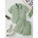 Generic Boy's Popcorn Solid Short Sleeve Shirt And Shorts Set (Pista)