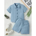 Generic Boy's Popcorn Solid Short Sleeve Shirt And Shorts Set (Sky)