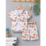 Generic Boy's Twill Cotton Printed Short Sleeve Shirt And Shorts Set (Brown)