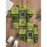 Generic Boy's Twill Cotton Printed Short Sleeve Shirt And Shorts Set (Green) - Image 5