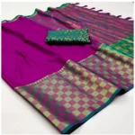 Generic Women's Cotton Silk Checkered Saree With Unstitched Blouse 5.5Mtr (Purple)