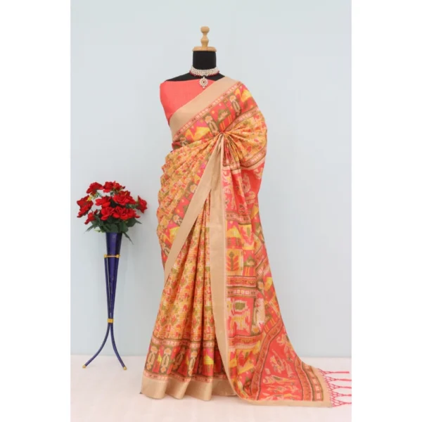 Orange Mysore Silk Digital Print Saree for Women