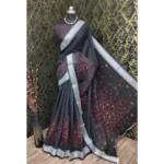 Black Cotton Linen Digital Print Saree for Women