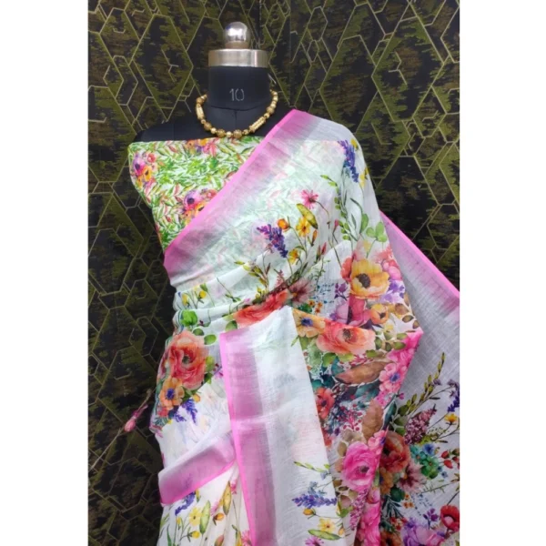 Pink Cotton Linen Printed Saree for Women
