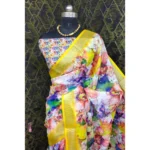 Generic Women's Cotton Linen Printed Saree With Unstitched Blouse 5.5Mtr (Yellow) - Image 3