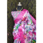 Generic Women's Cotton Linen Printed Saree With Unstitched Blouse 5.5Mtr (Pink) - Image 3