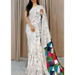 White Cotton Linen Printed Saree for Women