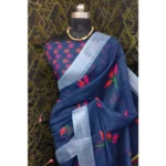 Generic Women's Cotton Linen Digital Print Saree With Unstitched Blouse 5.5Mtr (Blue) - Image 2