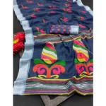 Generic Women's Cotton Linen Digital Print Saree With Unstitched Blouse 5.5Mtr (Blue) - Image 3