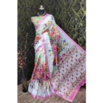 Generic Women's Cotton Linen Printed Saree With Unstitched Blouse 5.5Mtr (Pink) - Image 3