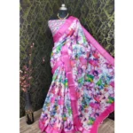 Generic Women's Cotton Linen Printed Saree With Unstitched Blouse 5.5Mtr (Pink) - Image 2
