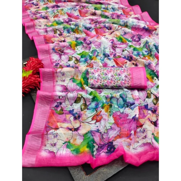 Pink Cotton Linen Printed Saree for Women