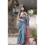 Generic Women's Cotton Linen Printed Saree With Unstitched Blouse 5.5Mtr (Grey) - Image 3