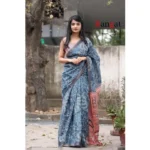 Generic Women's Cotton Linen Printed Saree With Unstitched Blouse 5.5Mtr (Grey) - Image 4
