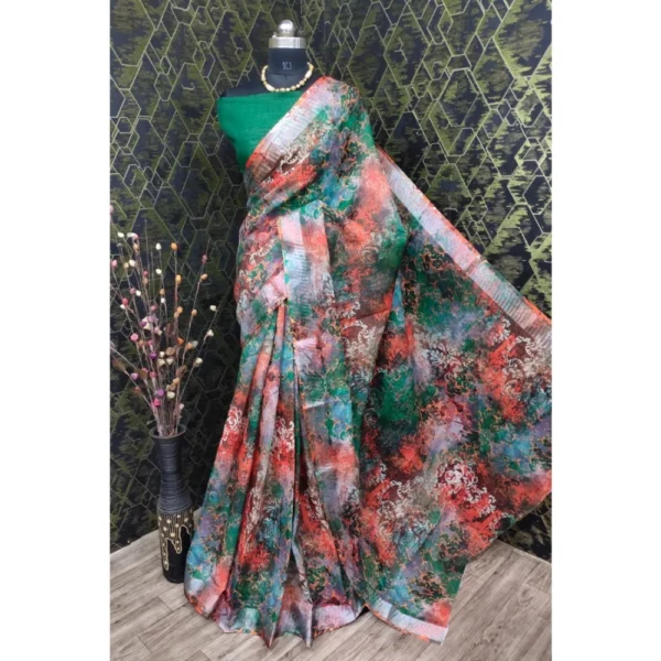 Green Cotton Linen Saree for Women