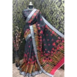 Black Cotton Linen Digital Print Saree for Women
