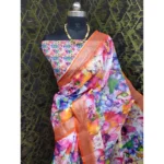 Generic Women's Cotton Linen Printed Saree With Unstitched Blouse 5.5Mtr (Orange) - Image 3