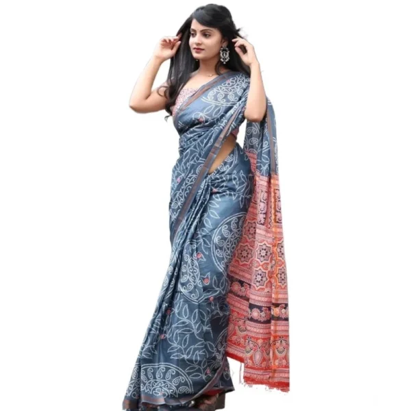 Grey Cotton Linen Printed Saree for Women
