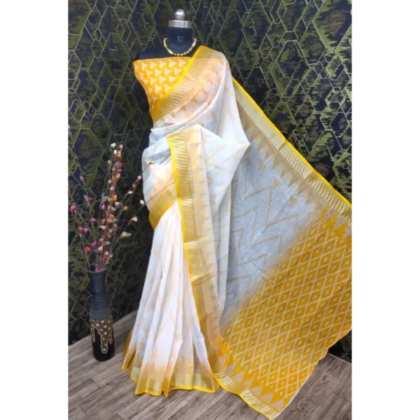 Yellow Cotton Linen Woven Design Saree for Women