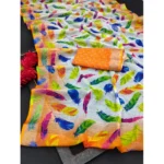 Generic Women's Cotton Linen Woven Design Saree With Unstitched Blouse 5.5Mtr (Orange) - Image 2