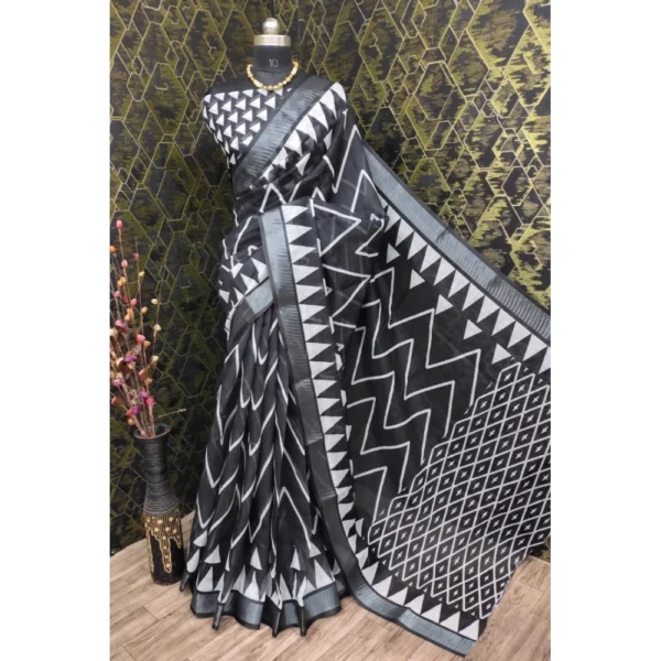 Black Cotton Linen Saree for Women