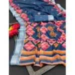 Generic Women's Cotton Linen Digital Print Saree With Unstitched Blouse 5.5Mtr (Blue) - Image 4