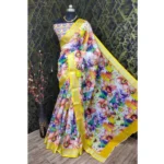Generic Women's Cotton Linen Printed Saree With Unstitched Blouse 5.5Mtr (Yellow) - Image 2