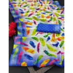 Generic Women's Cotton Linen Woven Design Saree With Unstitched Blouse 5.5Mtr (Blue) - Image 2