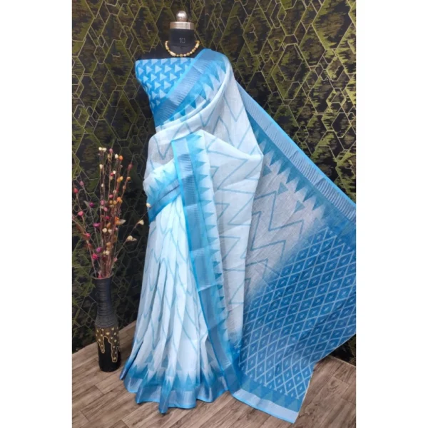 Sky Blue Cotton Linen Woven Design Saree for Women