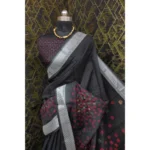 Generic Women's Cotton Linen Digital Print Saree With Unstitched Blouse 5.5Mtr (Black) - Image 3