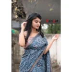 Generic Women's Cotton Linen Printed Saree With Unstitched Blouse 5.5Mtr (Grey) - Image 2