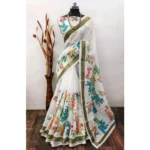 Multicolor Cotton Linen Printed Saree for Women