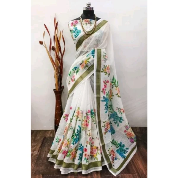 Multicolor Cotton Linen Printed Saree for Women