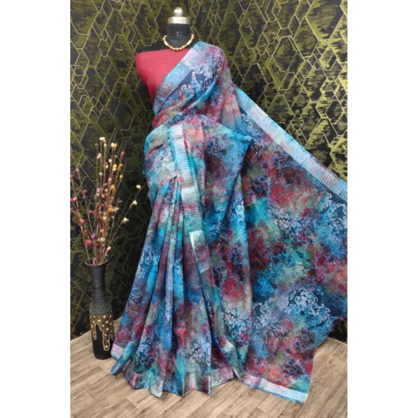 Blue Cotton Linen Saree for Women
