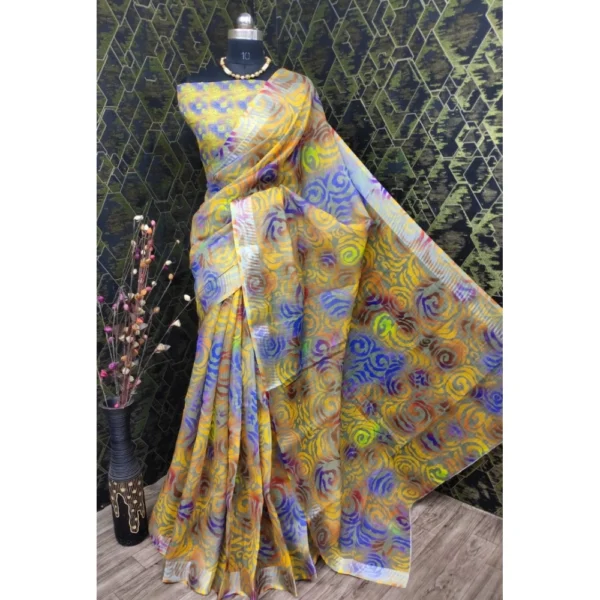 Yellow Cotton Linen Saree for Women