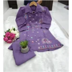 Generic Women's Roman Silk Embroidered 3/4th Sleeve Collar Neck Co-Ord Set (Purple)
