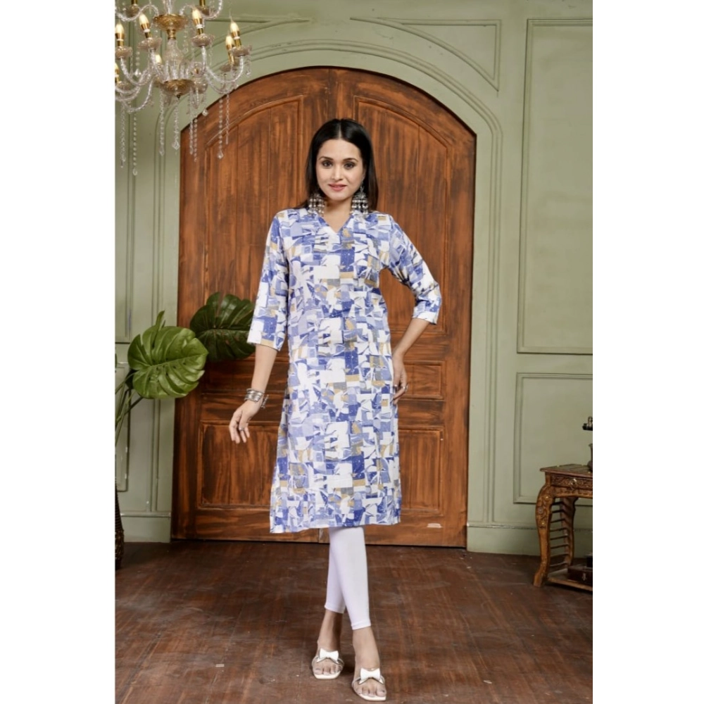54426960132_10543f82de_o_d-1000x1000-1.webp Generic Women's Cotton Blended Printed 3/4th Sleeve Collar Neck Kurti (Blue) - Image 1