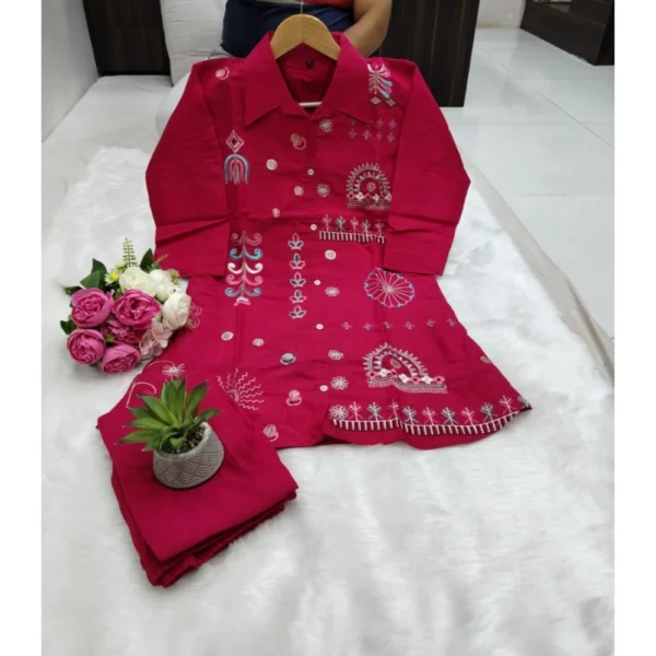 Generic Women's Roman Silk Embroidered 3/4th Sleeve Collar Neck Co-Ord Set (Red)