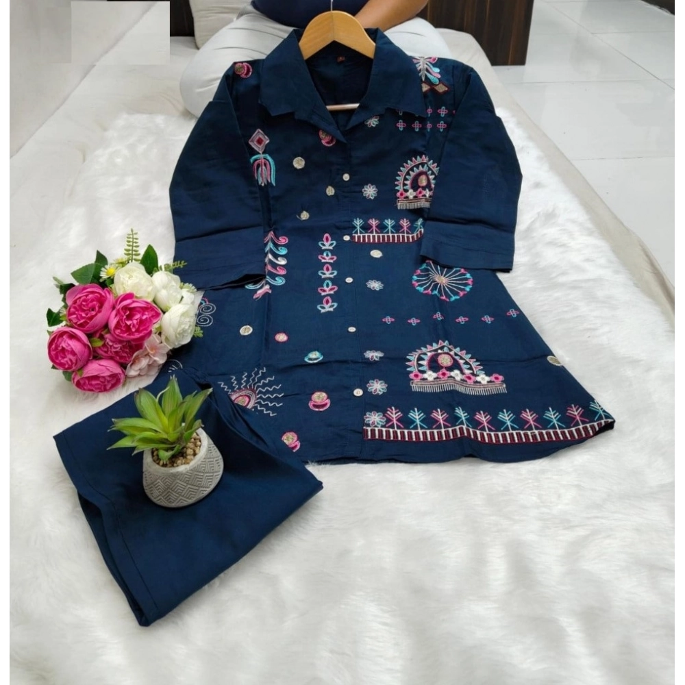 54427813511_1c13326ba3_o_d-1000x1000-1.webp Generic Women's Roman Silk Embroidered 3/4th Sleeve Collar Neck Co-Ord Set (Blue) - Image 1