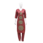 Generic Women's Cotton Blended Printed 3/4th Sleeve V Neck Kurti With Pant Set (Brown)